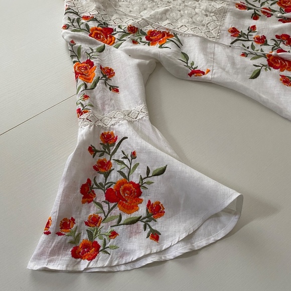 Boston Proper Embroidery Floral Bell Sleeve Linen Blouse White Orange Medium - Picture 6 of 16